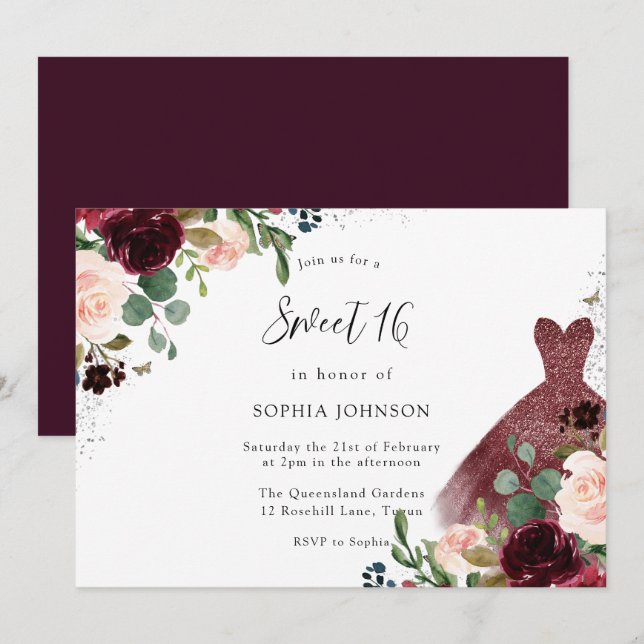 Invitación Borgoña y Rubor acuarela Vestido floral dulce 16 (Anverso / Reverso)
