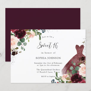 Invitación Borgoña y Rubor acuarela Vestido floral dulce 16