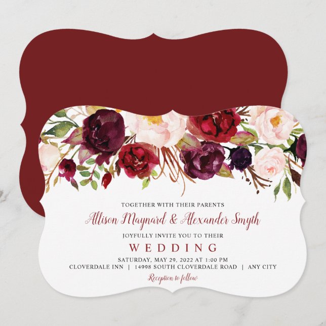 Invitación Borgoña y Rubor Blooms acuarela floral (Anverso / Reverso)