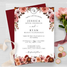 Invitación Borgoña y Rubor, Boda floral monograma