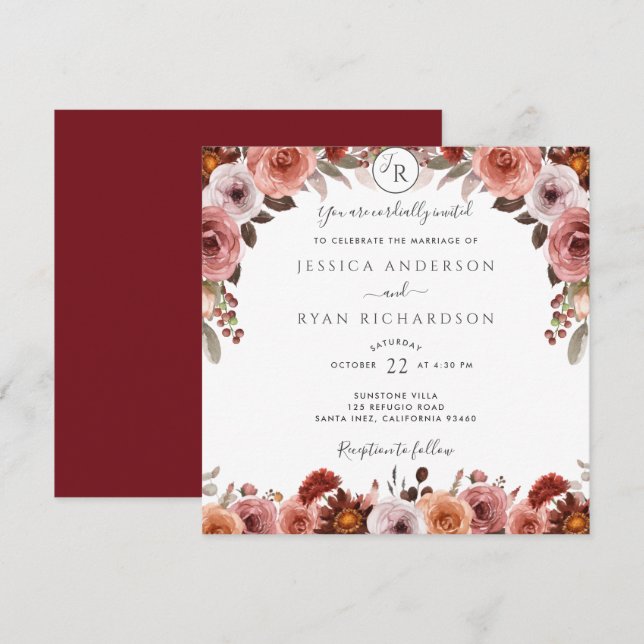 Invitación Borgoña y Rubor, elegante Boda floral (Anverso / Reverso)
