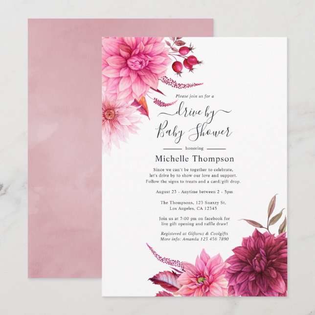 Invitación Borgoña y Rubor Floral Drive By Shower (Anverso / Reverso)