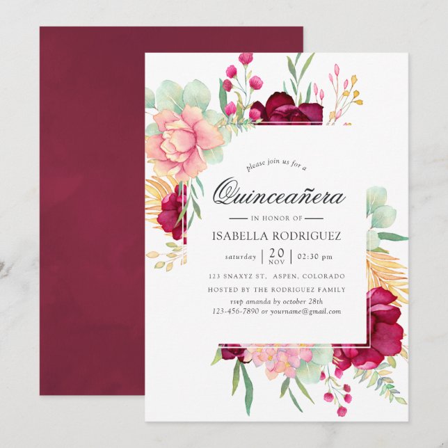 Invitación Borgoña y Rubor Floral Quinceañera (Anverso / Reverso)