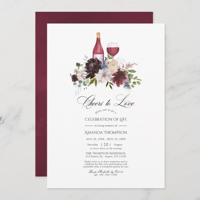 Invitación Borgoña y Rubor Floral Wine Celebration of Life (Anverso / Reverso)