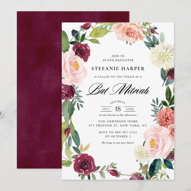 Invitación Borgoña y Rubor Floral Wreath Fall Bat Mitzvah (Anverso / Reverso)