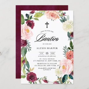 Invitación Borgoña y Rubor Floral Wreath Fall Bautizo