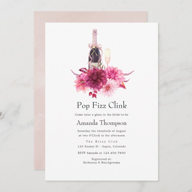 Invitación Borgoña y Rubor Pop Fizz Clink ducha de novia (Anverso / Reverso)