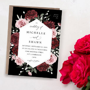 Invitación Borgoña y Rubor Rosa 6 Boda floral - Negro