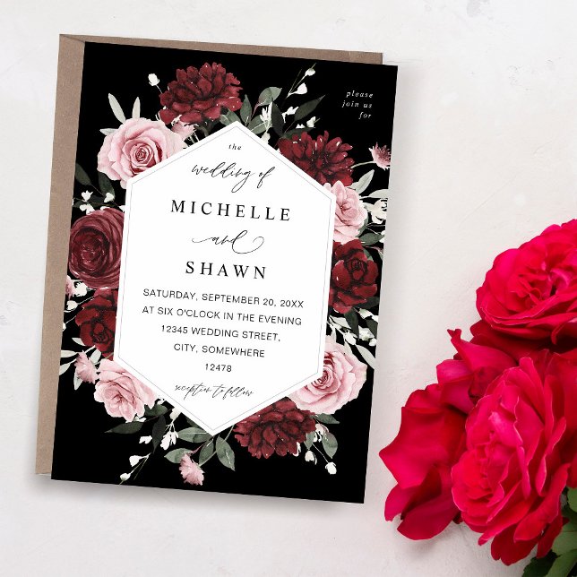 Invitación Borgoña y Rubor Rosa 6 Boda floral - Negro (Subido por el creador)