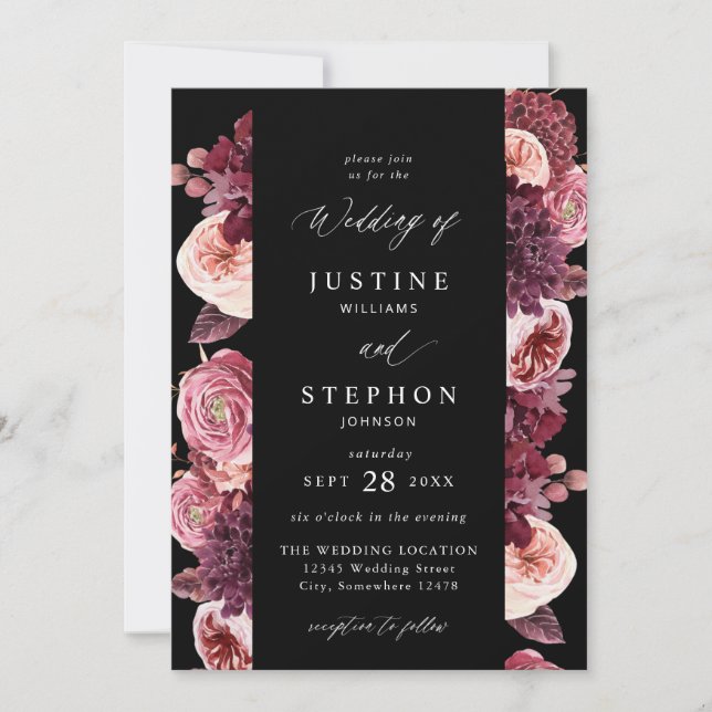 Invitación Borgoña y Rubor Rosa 8B Boda 2 - Negro (Anverso)