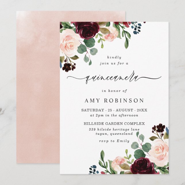 Invitación Borgoña y Rubor Watercolor Elegante Quinceanera (Anverso / Reverso)