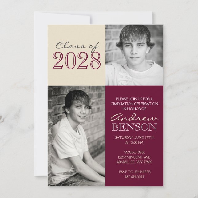 Invitación Borgoña y tan 2 foto graduada (Anverso)