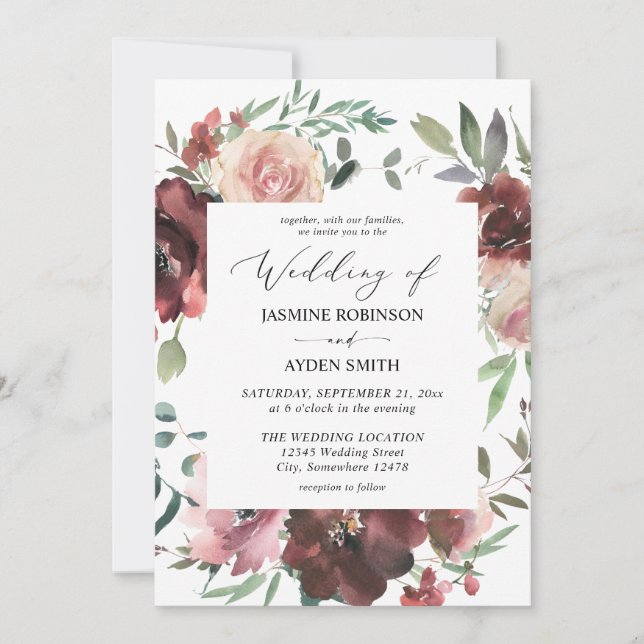 Invitación Borgoña y turbia Rubor rosa 5 floral (Anverso)