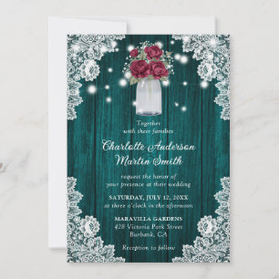 Invitación Borgoña y Verde azulada Boda floral de encaje de m