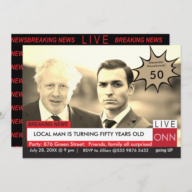 Invitación Boris Johnson 50.º cumpleaños: Funny TV News (Anverso / Reverso)