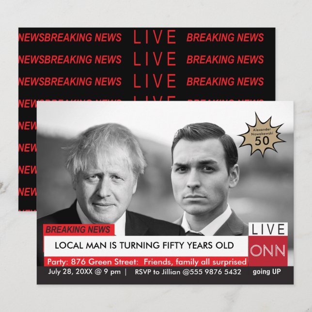 Invitación Boris Johnson Funny TV News 50 cumpleaños (Anverso / Reverso)