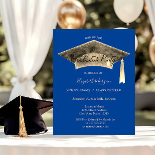 Invitación Borla de la gorra de graduación dorada azul Gradua