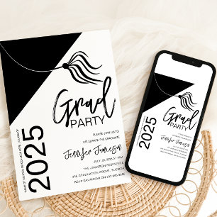 Invitación Borla Elegante   Graduación Negro y Blanco