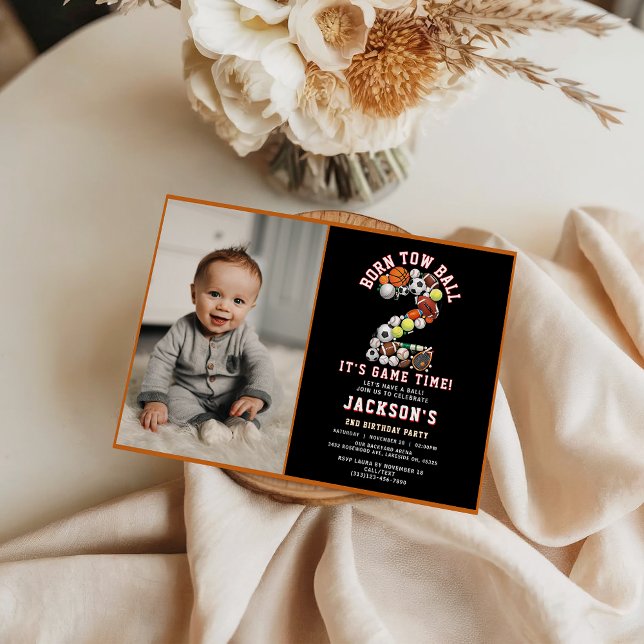 Invitación Born 2 Ball Sport Themed Boy 2nd Birthday Party (Born 2 Ball Sport Themed Boy 2nd Birthday Party Invitation
)