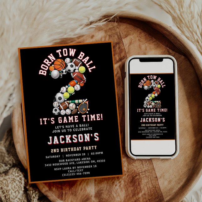 Invitación Born 2 Ball Sport Themed Boy 2nd Birthday Party (Born 2 Ball Sport Themed Boy 2nd Birthday Party Invitation)