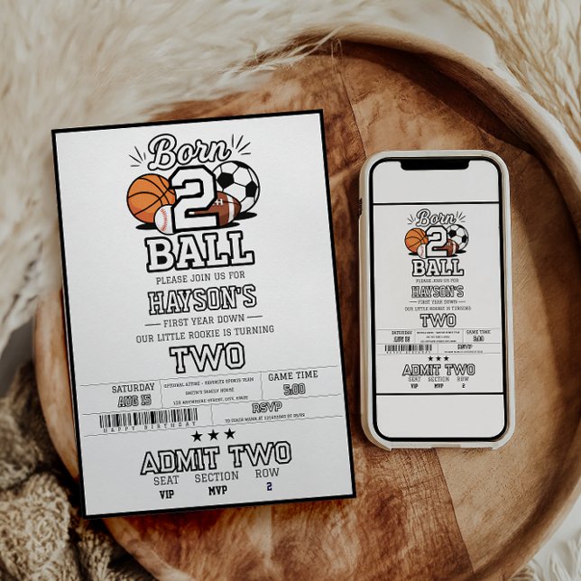 Invitación Born 2 Ball Sports Themed Boy 2nd Birthday Party (Born 2 Ball Sports Themed Boy 2nd Birthday Party Invitation
)