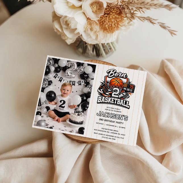 Invitación Born 2 Basketball Sports Themed Boy 2nd Birthday  ( Born 2 Basketball Sports Themed Boy 2nd Birthday photo Invitation)