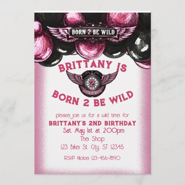 Invitación Born 2 Be Wild Pink, Black Motorcycle 2nd Birthday (Anverso)