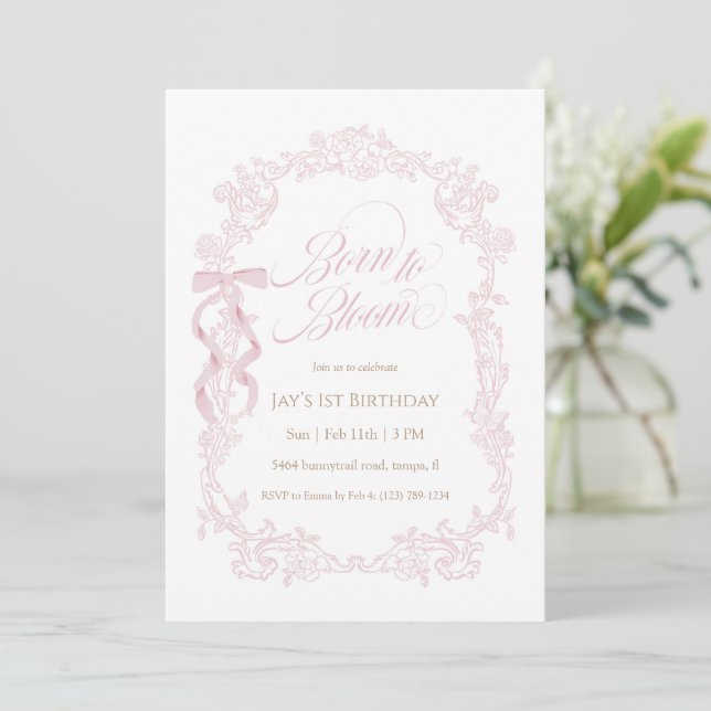 Invitación Born to Bloom Pink Floral 1st Birthday (Anverso de pie)