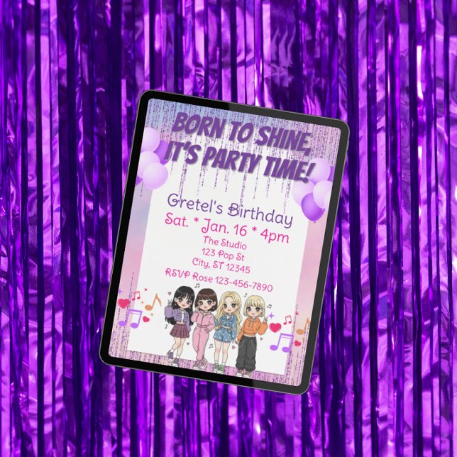Invitación Born to Shine, Party Time, KPOP Girl Band Birthday (Subido por el creador)