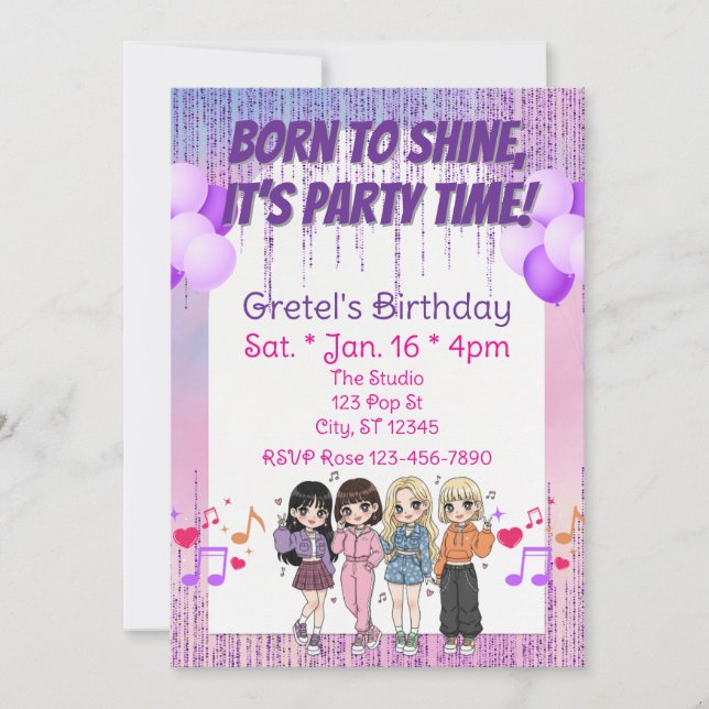 Invitación Born to Shine, Party Time, KPOP Girl Band Birthday (Anverso)