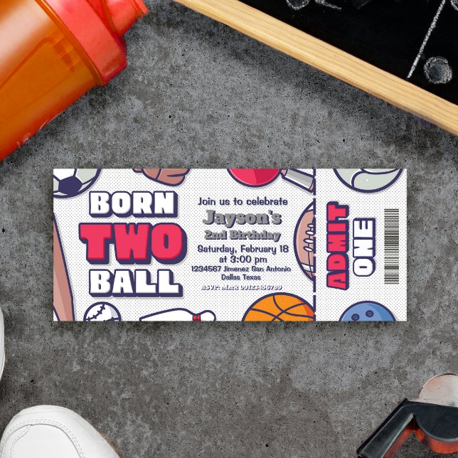 Invitación Born Two Ball - 2do Nacimiento Boy Ticket (Born Two Ball - 2nd Birthday Boy Ticket Invitation)