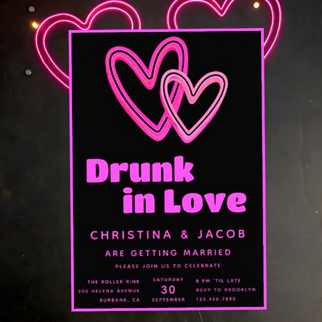Invitación Borracho en amor Neon Boda de corazones rosados (Subido por el creador)