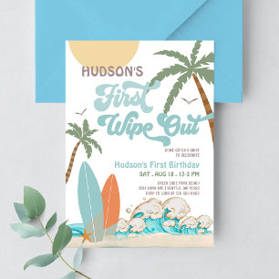 Invitación Borrado Retro Primero Surf Surfing Cumpleaños 1