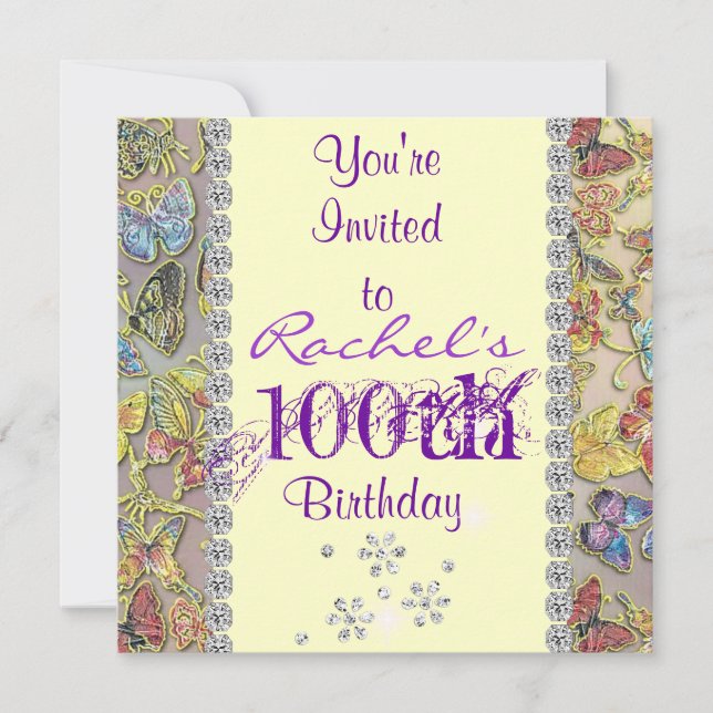 Invitación BORRADOR DE 100ª PURPLE BUTTERFLY cumpleaños invit (Anverso)