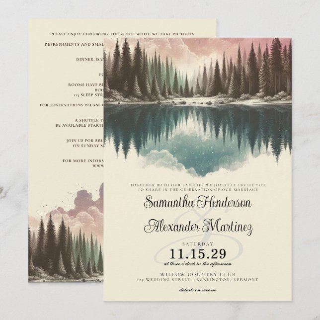 Invitación Bosque acuarela con Boda de detalles (Anverso / Reverso)