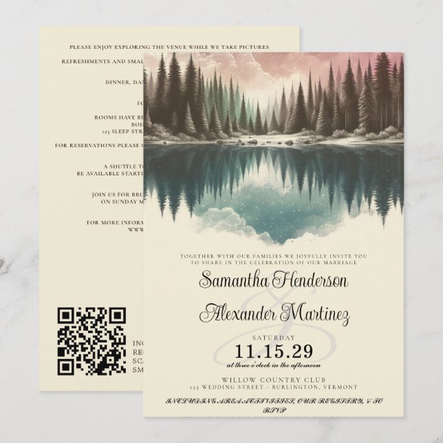 Invitación Bosque acuarela con detalles y Boda QR (Anverso / Reverso)