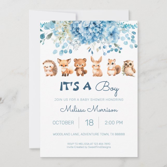 Invitación Bosque Animales Blue Baby Boy Shower (Anverso)