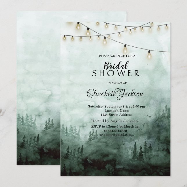 Invitación Bosque, Árboles de Pino, Luces de Cadena Verdes (Anverso / Reverso)