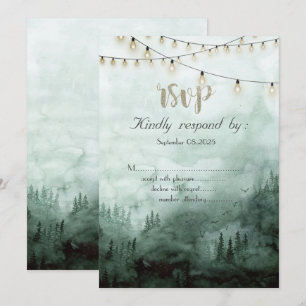 Invitación Bosque,Árboles de Pino,Luces de Cadena Verdes RSVP