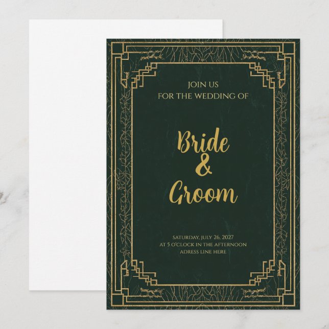 Invitación Bosque Art Deco Verde Oro (Anverso / Reverso)