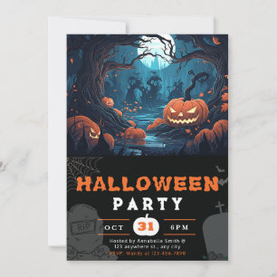Invitación Bosque asustado y farolillos Jack-O' Halloween neg