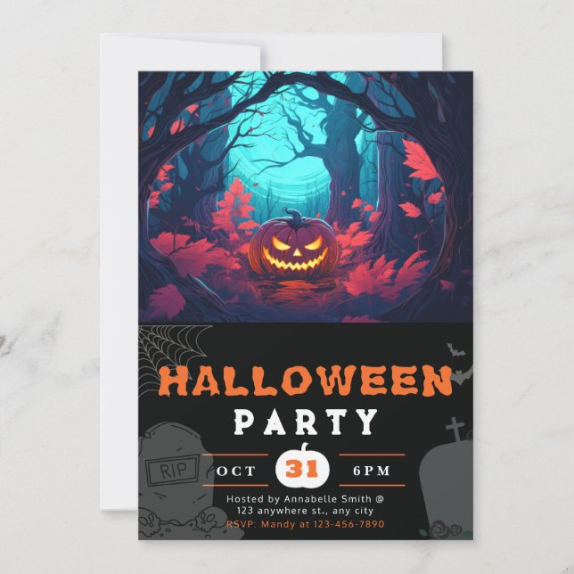 Invitación Bosque asustado y farolillos Jack-O' Halloween neg (Anverso)