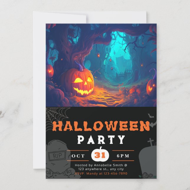 Invitación Bosque asustado y farolillos Jack-O' Halloween neg (Anverso)