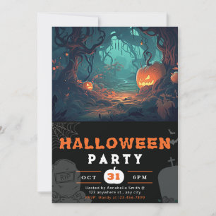 Invitación Bosque asustado y farolillos Jack-O' Halloween neg