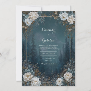 Invitación Bosque azul de medianoche gótico Peonía blanca cel