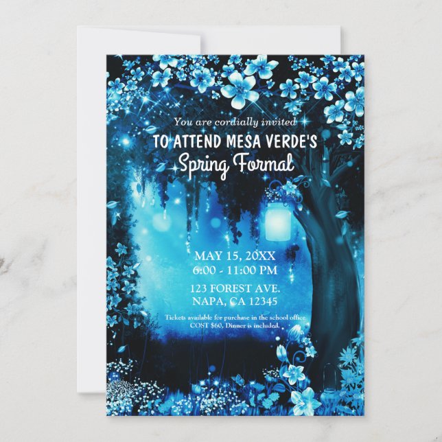 Invitación Bosque Azul Encantado de Ensueño Bosque de Fantasí (Anverso)