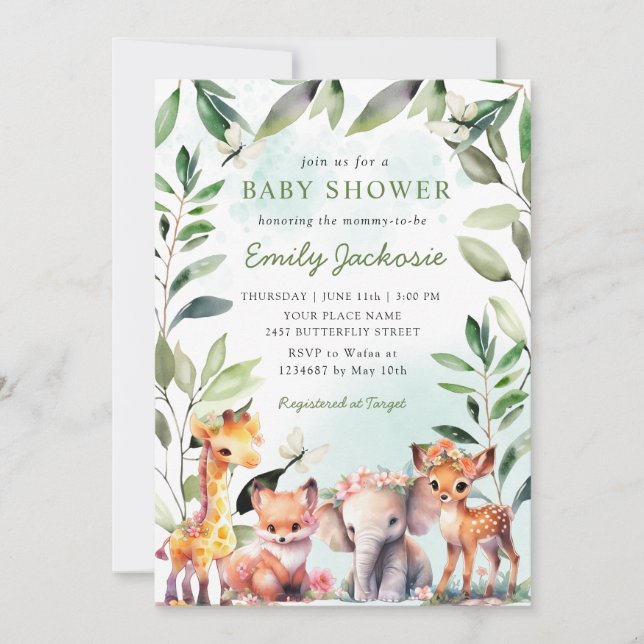 Invitación Bosque Baby Shower de Boho Greenery Woodland Anima (Anverso)
