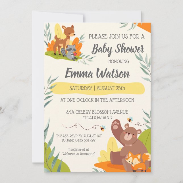 Invitación Bosque Baby Shower para animales de Woodland de mo (Anverso)