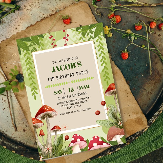 Invitación Bosque boscoso hongo Niño Segundo cumpleaños (Subido por el creador)