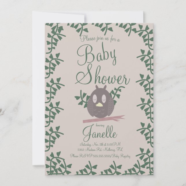 Invitación Bosque Búho Verde Baby Shower Rústico (Anverso)